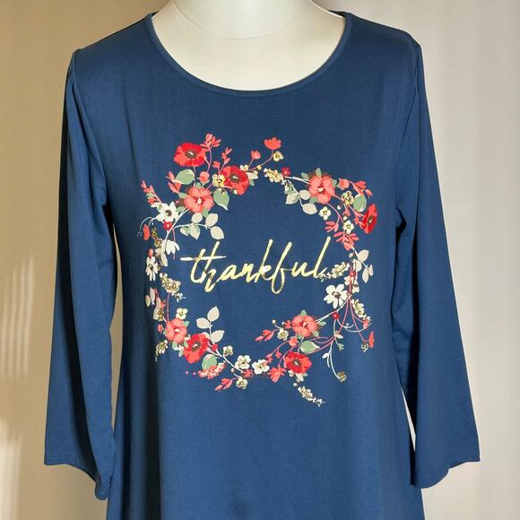 St. John's Bay Blue Thankful Thanksgiving Fall Dress Womens Size Medium M Floral - Picture 2 of 10